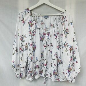 Floral & Ivy 2XL White Boho Peasant Top Blouse Bohemian Button Front Tie Hippy